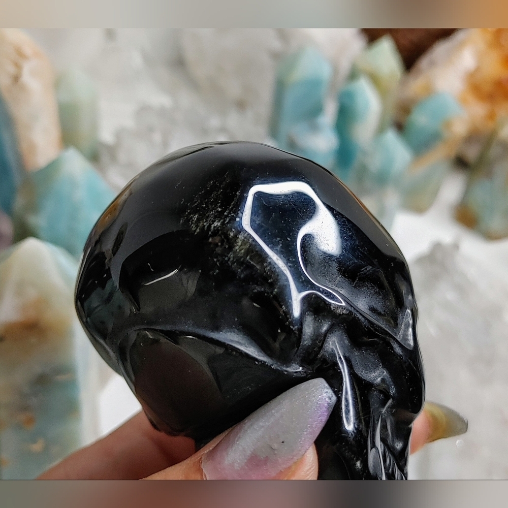 Gold Sheen Black Obsidian Crystal Skull Carving - Picture 9 of 12